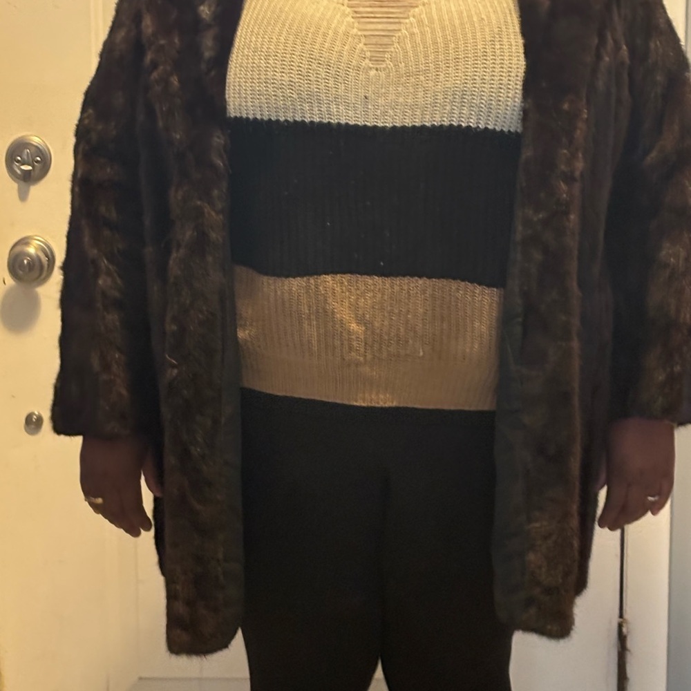 Elegant Brown and Cream V-Neck Coat
